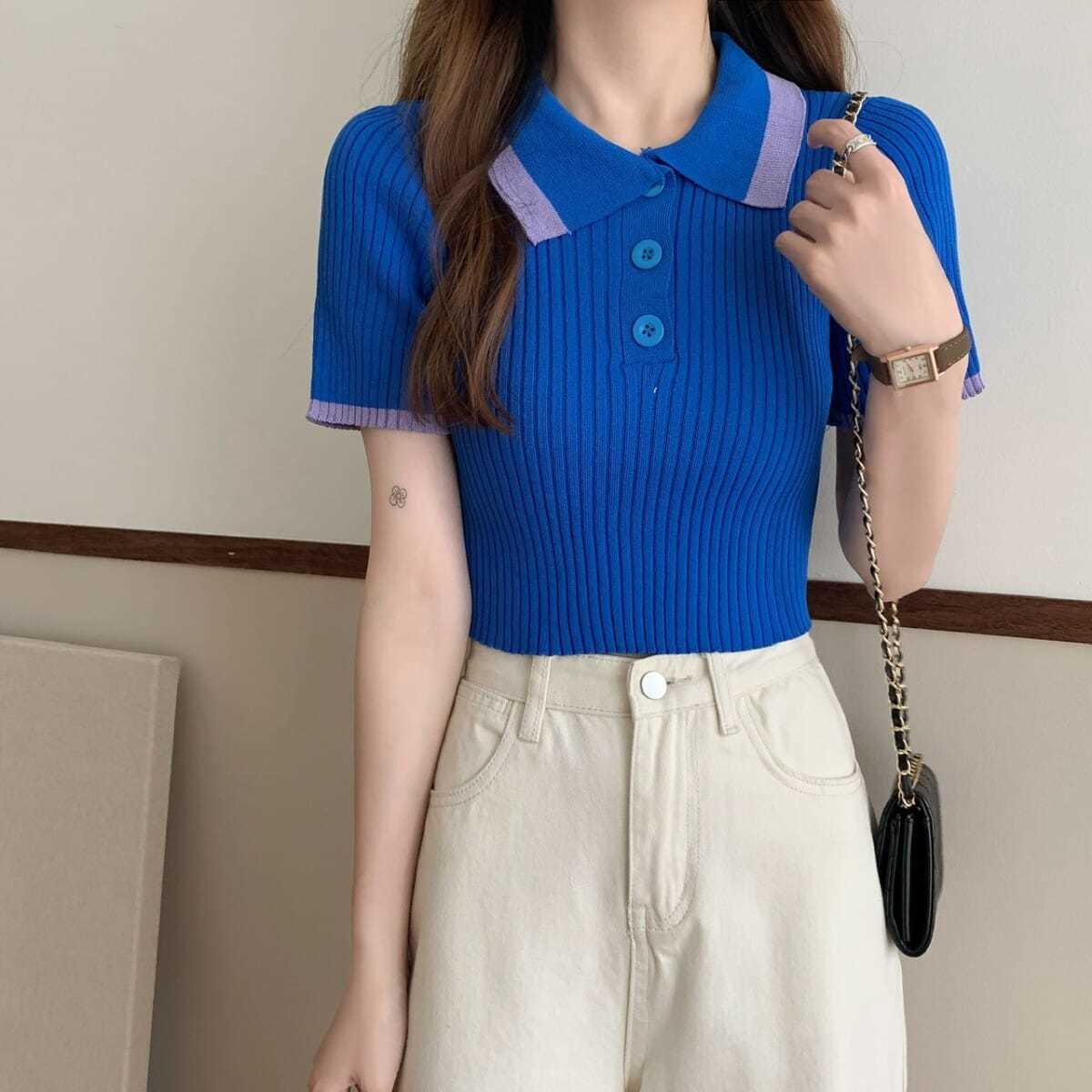 撞色polo领短袖针织衫女夏季年新款韩版修身显瘦百搭休闲上衣
