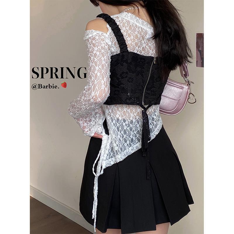 [Three-piece suit] Summer short camisole with sleeveless top + lace hollow blouse + skirt for women