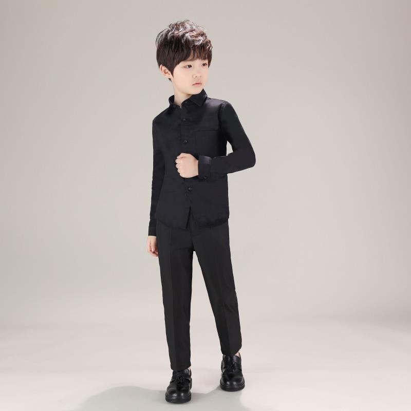 Pure cotton black boys' shirt, spring and summer Korean version, medium and large children's long-sleeved, stylish children's shirt, thin, handsome and trendy