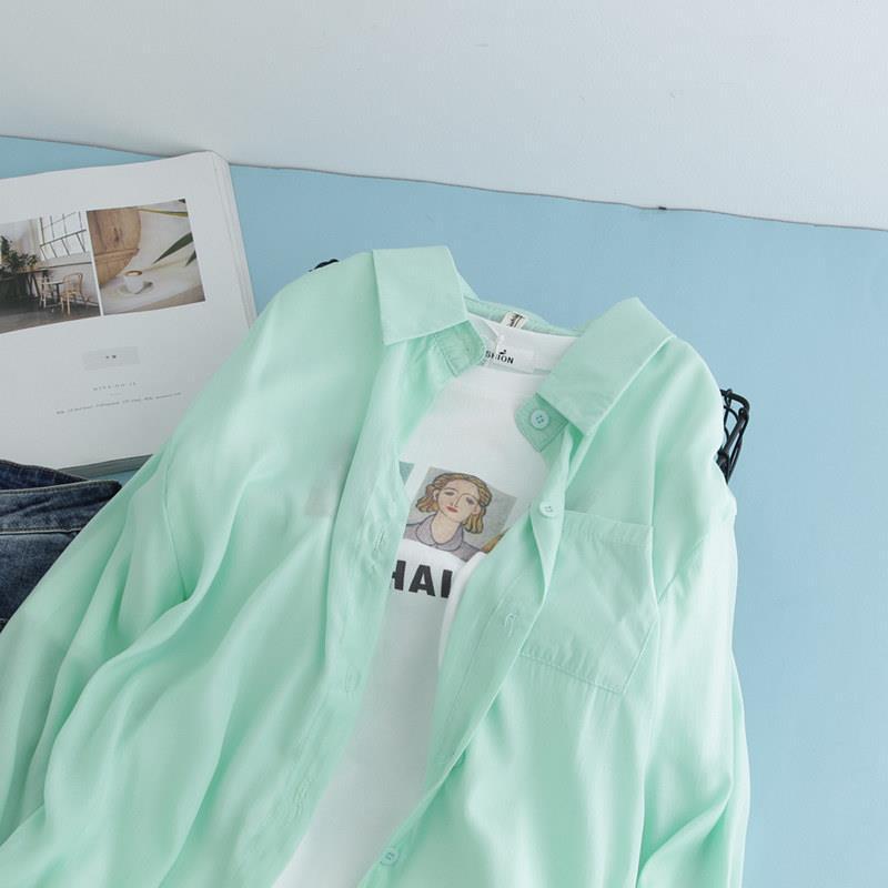 薄荷绿衬衫女夏季新款宽松韩版纯色长袖雪纺防晒衬衣薄款外套
