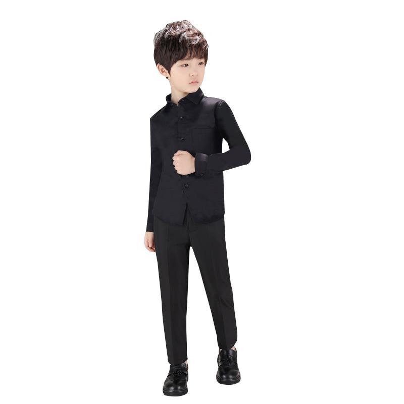 纯棉黑色男童衬衫春夏季韩版中大童长袖洋气儿童衬衣薄款帅气潮