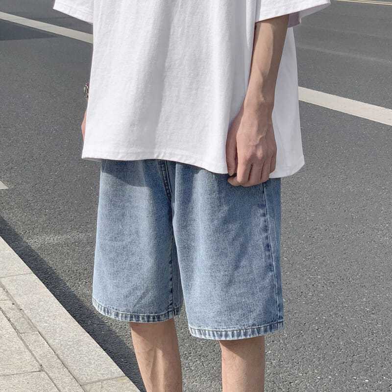 Summer ripped denim shorts men's loose outerwear pants Korean version of the trend ins all-match straight wide-leg five-point pants