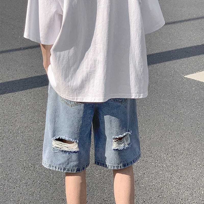 Summer ripped denim shorts men's loose outerwear pants Korean version of the trend ins all-match straight wide-leg five-point pants