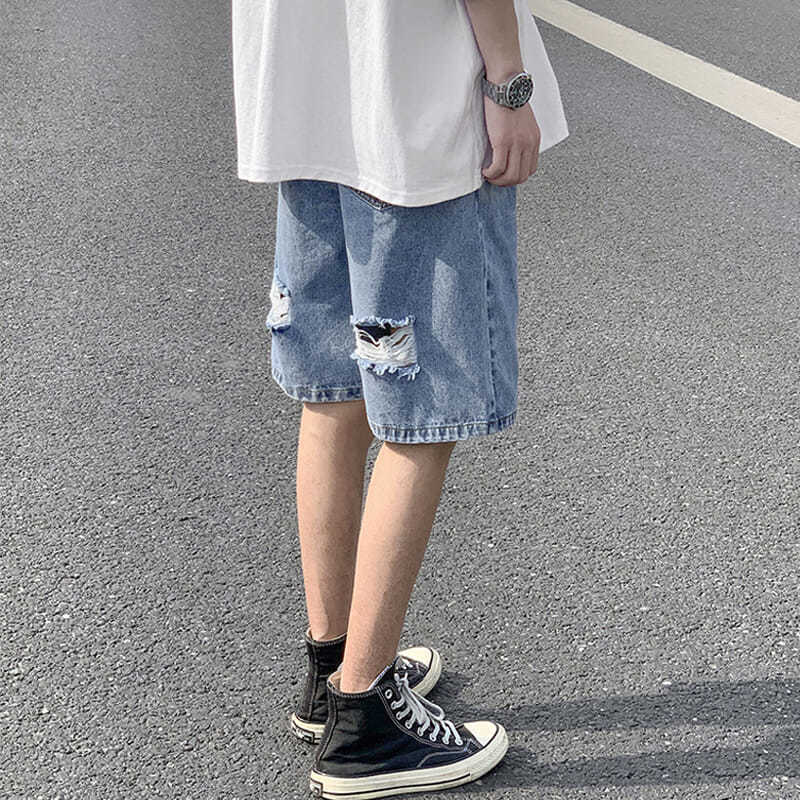 Summer ripped denim shorts men's loose outerwear pants Korean version of the trend ins all-match straight wide-leg five-point pants