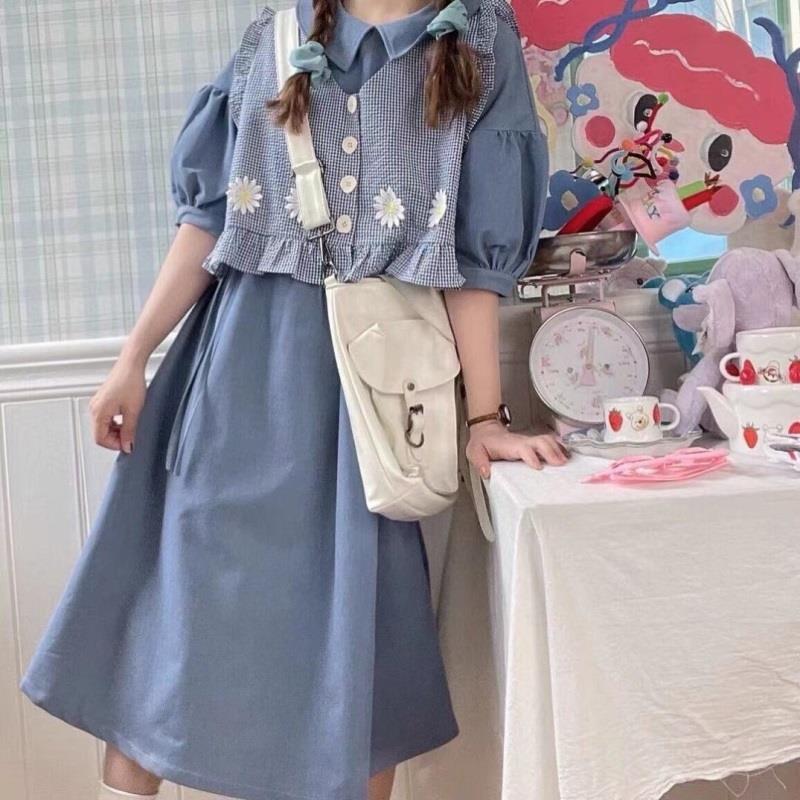 [Two-Piece Suit] Summer New Style Design Sense Niche Lace Puff Sleeve Lapel Dress Plaid Vest Trendy