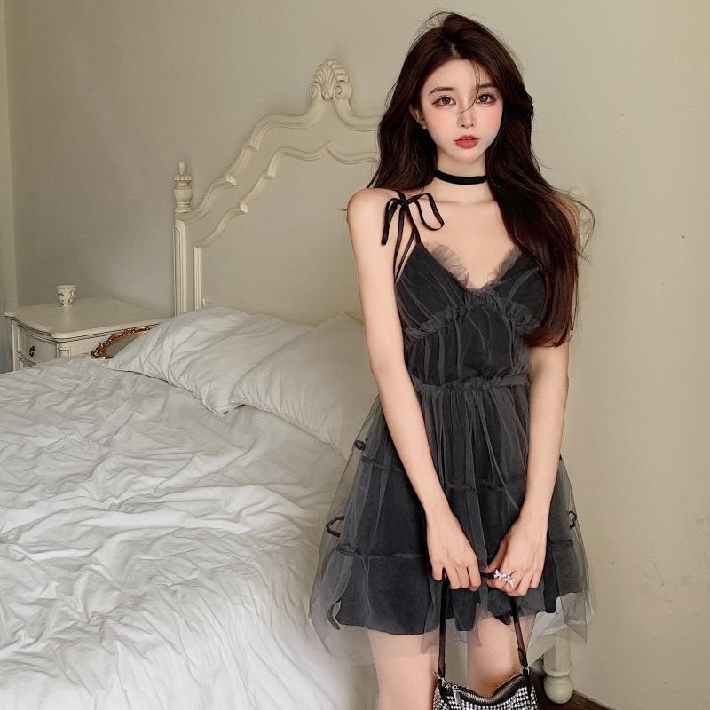 Mesh Dress Women's French Sexy Strap Retro Suspender Skirt 2021 Summer New Bow Skirt