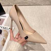 软皮高跟鞋女细跟尖头2021年新款春季韩版性感少女裸色职业单鞋女