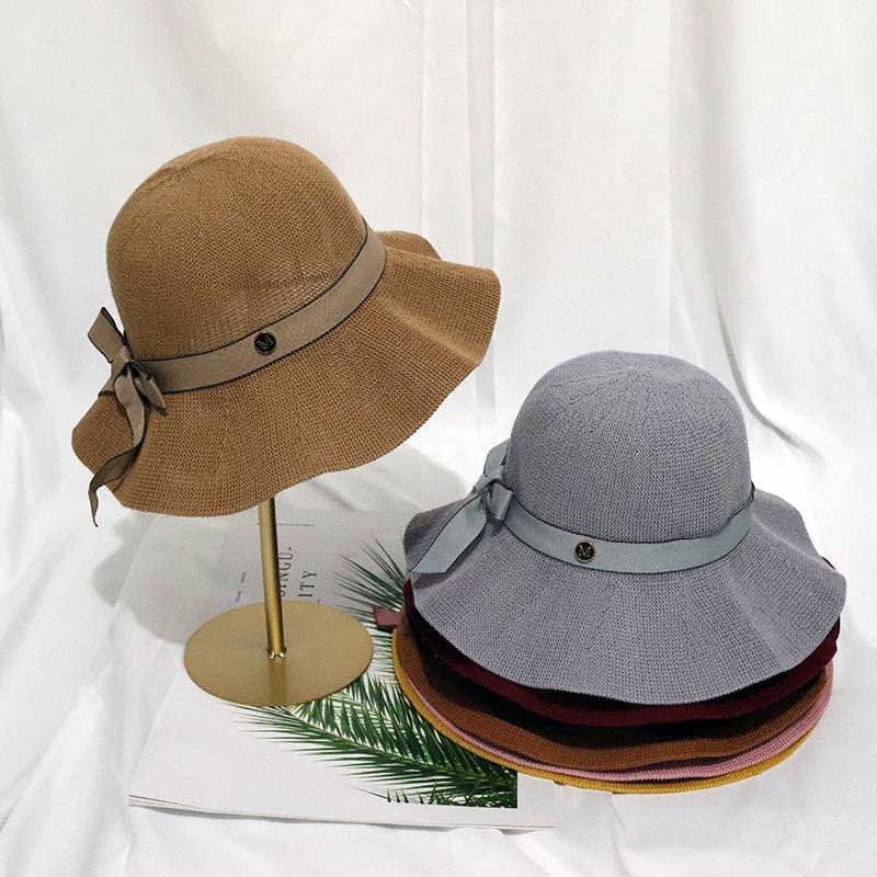 卡其色渔夫帽女夏季小M蝴蝶结透气薄款遮阳帽女防晒户外大檐 盆帽