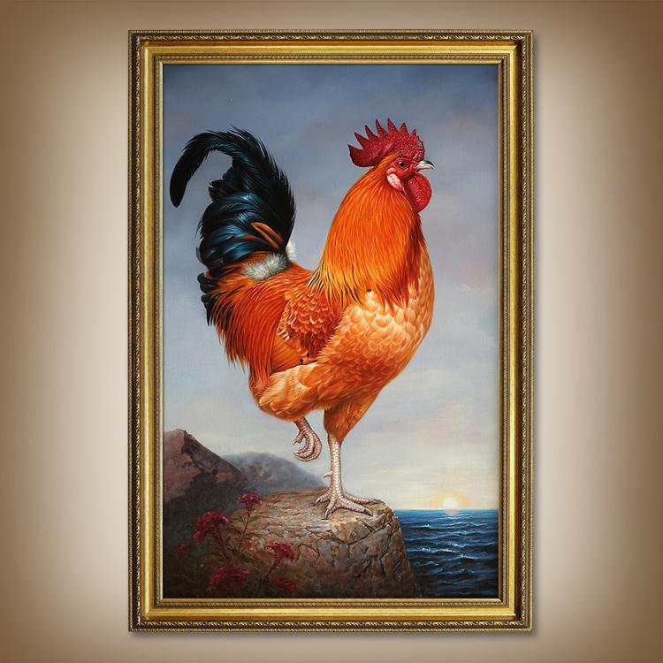 新中式油画公鸡金鸡装饰画鸡冠日出欧式雄鸡入户玄关走廊过道手绘