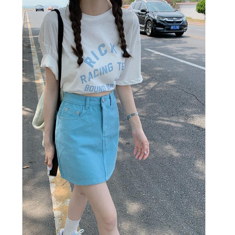 Candy-colored denim skirt women's summer Korean version high waist thin all-match retro Hong Kong flavor bag hip A-line short skirt