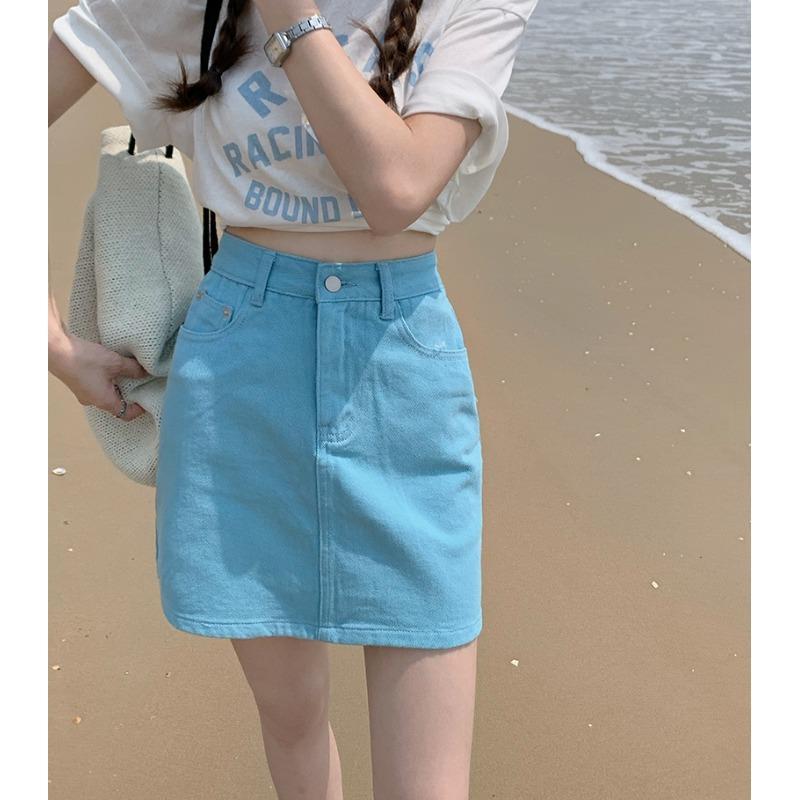 Candy-colored denim skirt women's summer Korean version high waist thin all-match retro Hong Kong flavor bag hip A-line short skirt