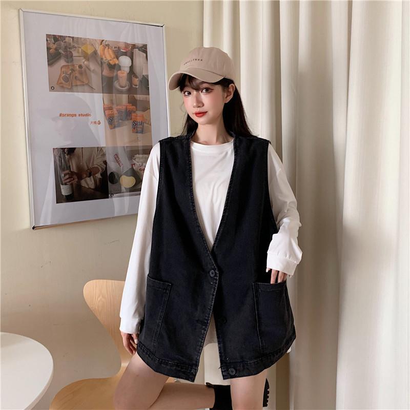 Outer wear denim vest vest jacket women 2021 spring and autumn loose sleeveless outer wear Korean version of the waistcoat all-match vest