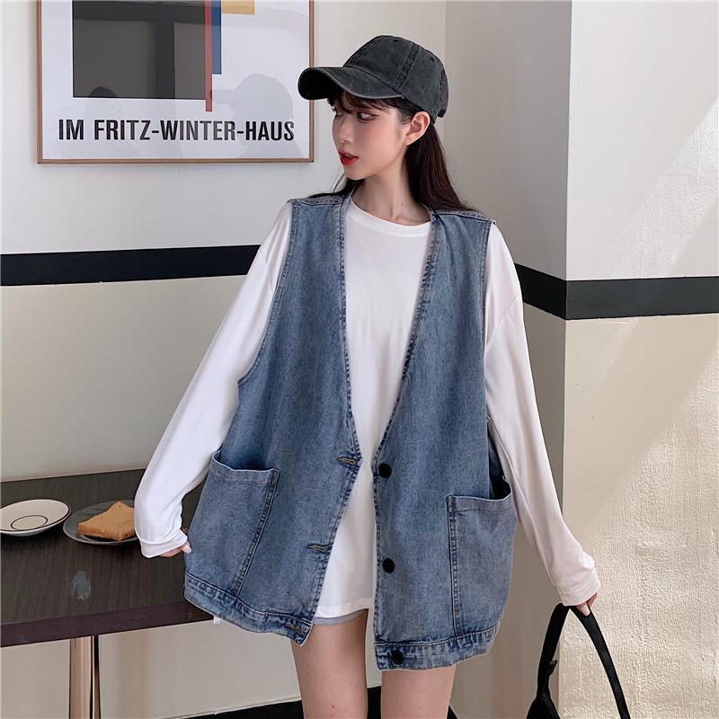 Outer wear denim vest vest jacket women 2021 spring and autumn loose sleeveless outer wear Korean version of the waistcoat all-match vest