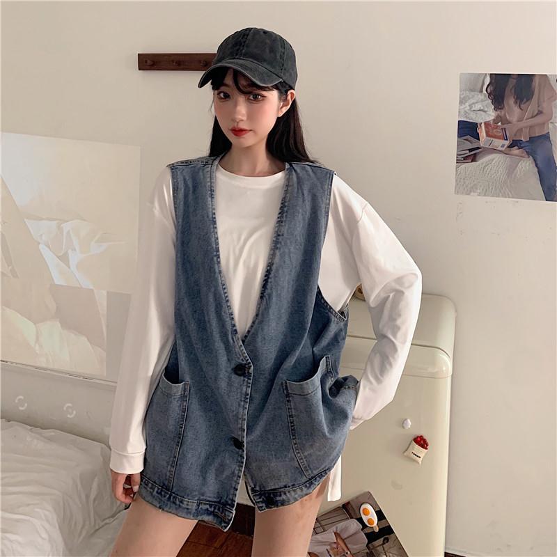 Outer wear denim vest vest jacket women 2021 spring and autumn loose sleeveless outer wear Korean version of the waistcoat all-match vest