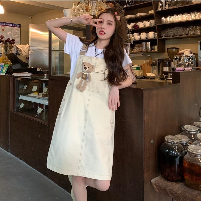 [Send doll] Two-piece suit/one-piece college style loose short-sleeved T-shirt strap skirt suspenders dress