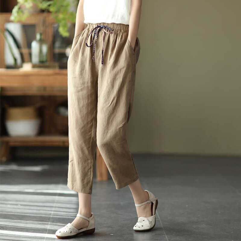Cotton linen pants women's elastic waist loose casual pants  summer new retro thin lace up radish Harun pants