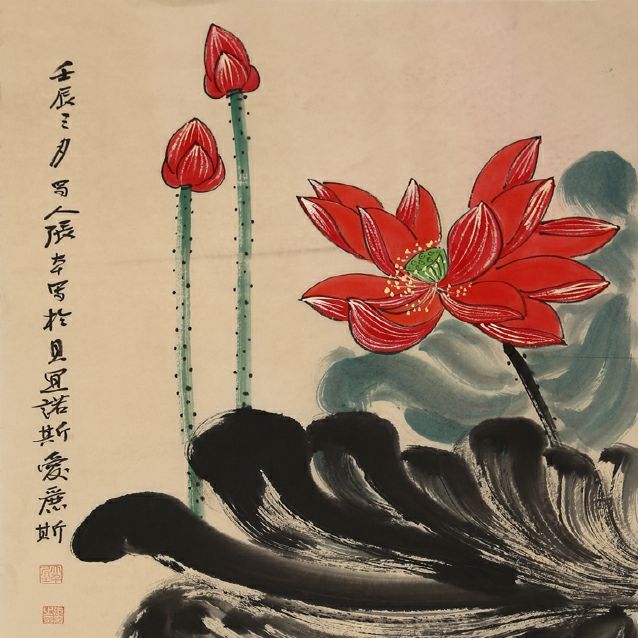 著名大师张大千国画手绘三尺荷花赠证书名人名家字画装饰收藏字画