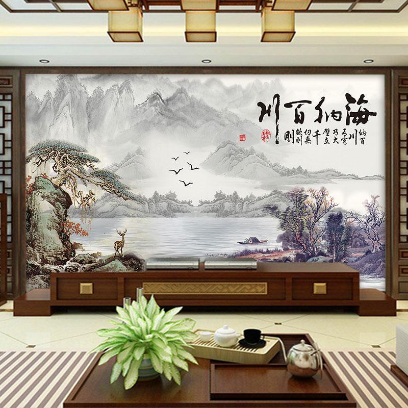 新中式现代电视背景墙壁纸水墨山水客厅墙纸3d立体壁画8d影视墙布
