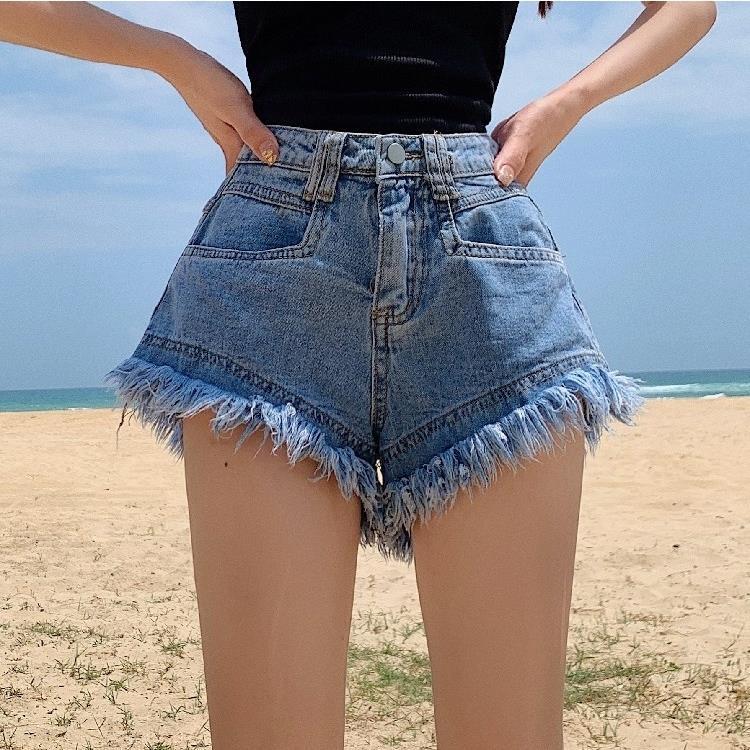 大码胖mm毛边牛仔超短裤女夏季网红新款高腰宽松显瘦阔腿a字热裤