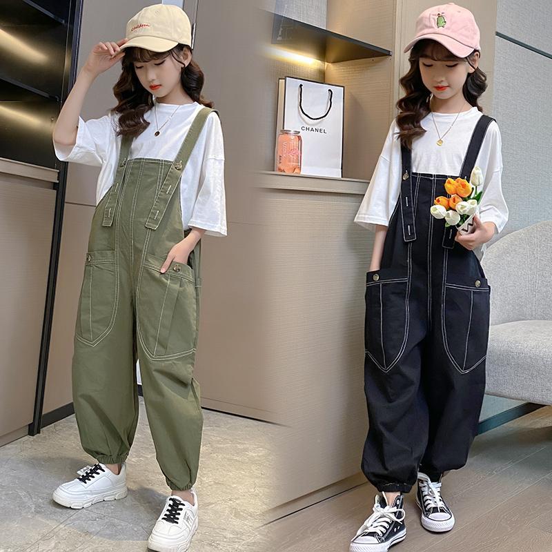 女童背帶褲夏2022新款大童韓版洋氣寬鬆女孩吊帶褲薄款連體工裝褲