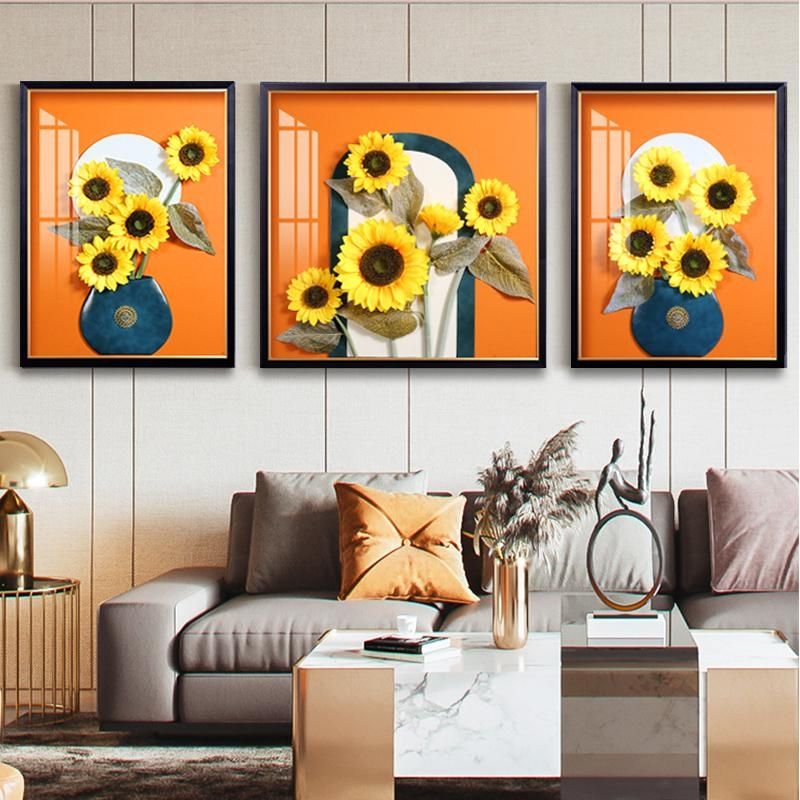 向日葵装饰画橙色客厅沙发背景墙三联纯手工立体实物挂画寓意希望