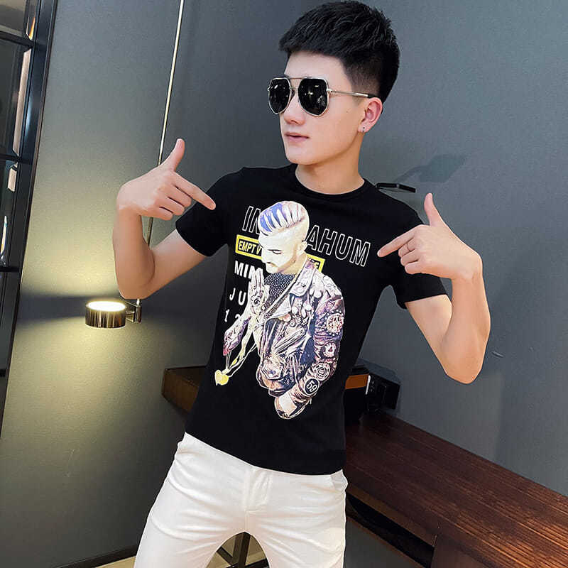网红同款短袖男ins潮牌修身帅哥印花t恤潮流韩版精神小伙紧身衣服