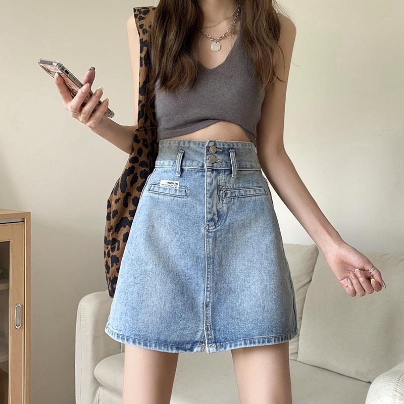 2023 new summer and spring large size fat mm high waist fashionable A-line hip-hugging short skirt versatile trendy denim half-length skirt for women