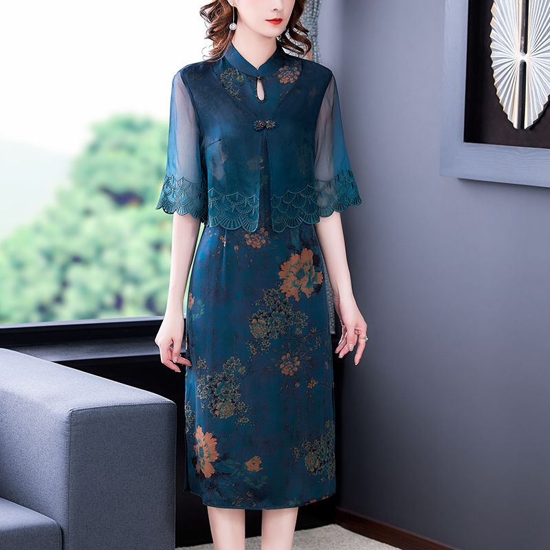 香云纱真丝连衣裙女夏季新款2021气质减龄桑蚕丝假两件刺绣旗袍裙