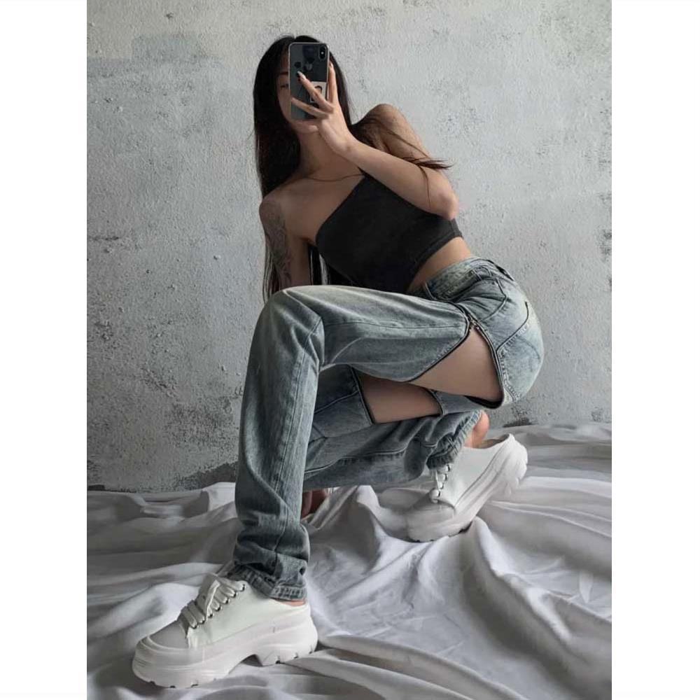 2022 new spring and summer high-waist slimming detachable wide-leg straight-leg loose denim trousers women's ins