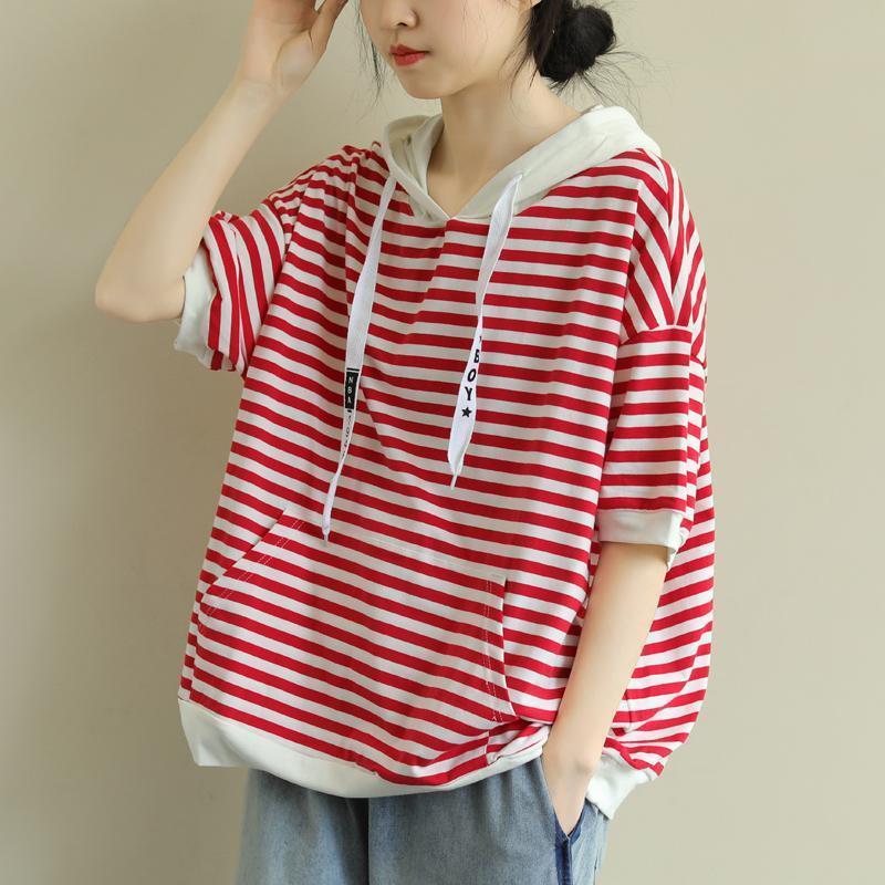 Hooded T-shirt tops for women summer versatile temperament plus size women's loose striped short-sleeved women's 2023 new sweatshirt for women