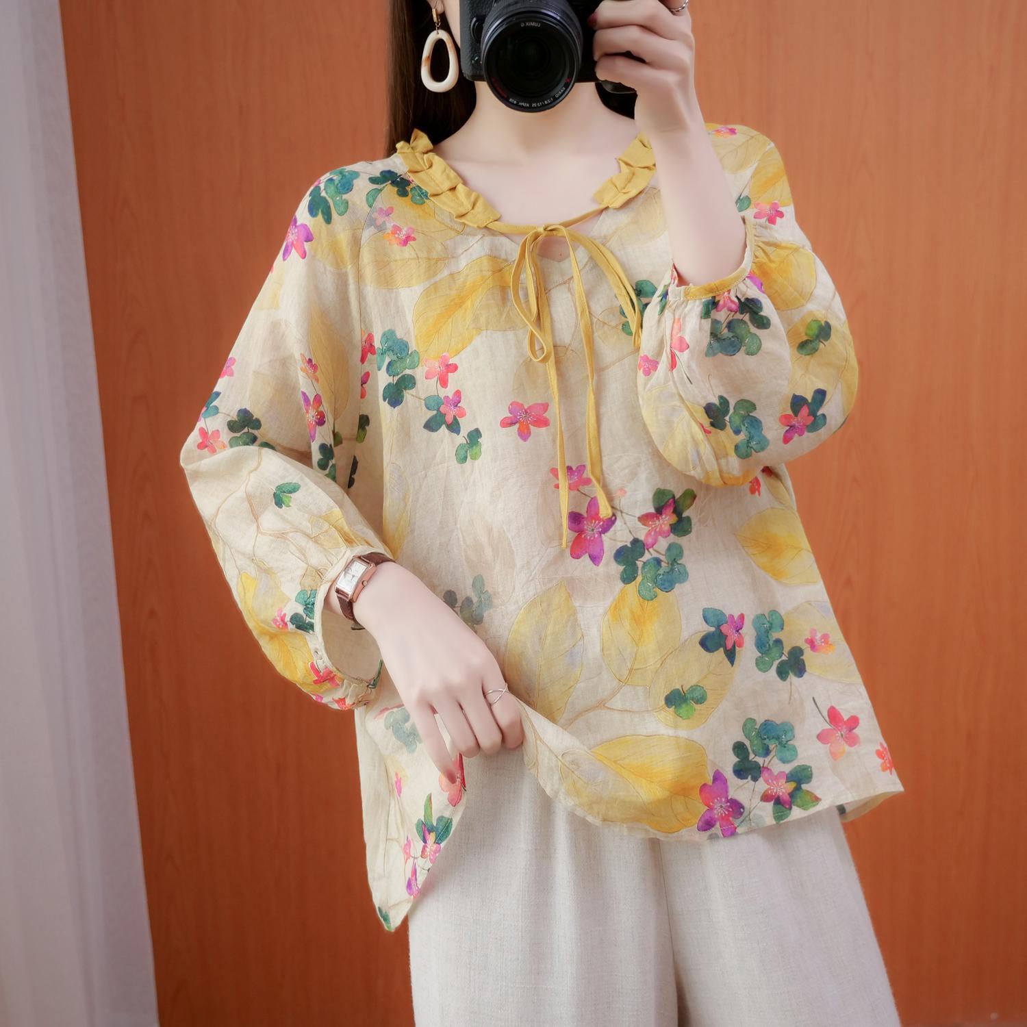 寬鬆文藝七分袖薄款苧麻上衣女夏森系木耳領系帶百搭休閒棉麻T恤