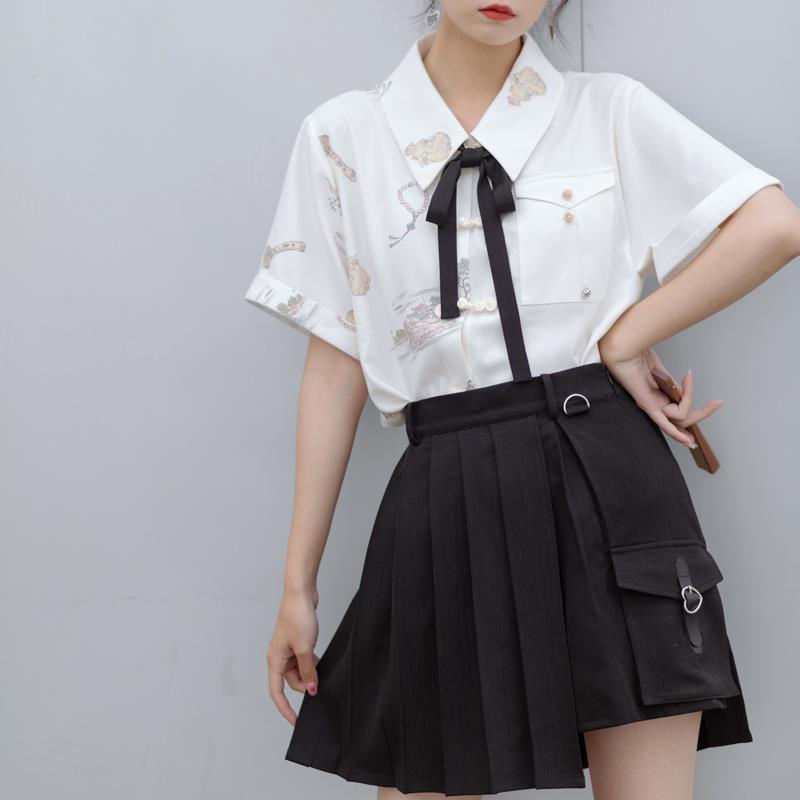 【兩件套裝】夏季新款學院風甜美短袖印花襯衫+不規則百搭百褶裙