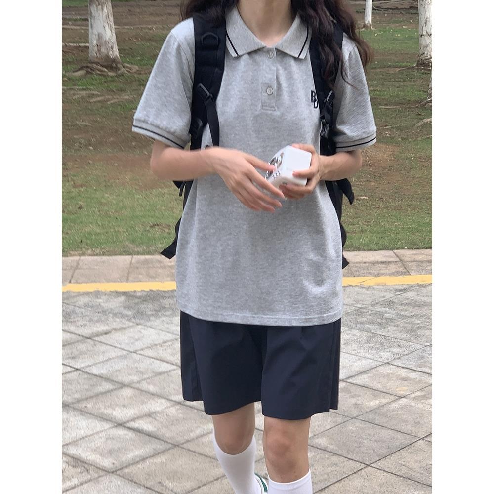 【兩件套裝】夏學院風減齡寬鬆顯瘦polo領上衣+高腰百搭黑色短褲