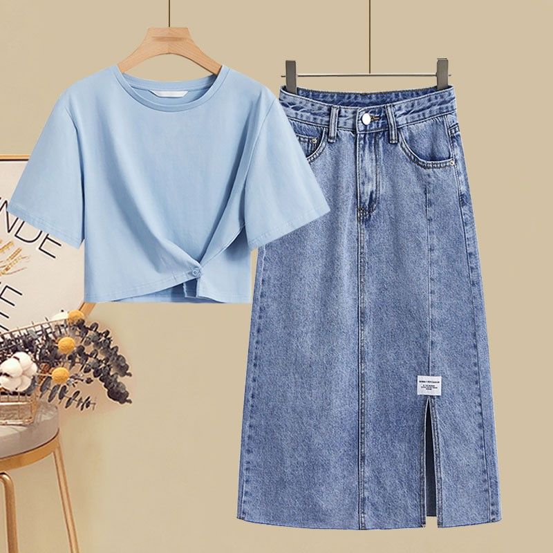 Plus size women's summer suit  new short-sleeved t-shirt cover belly and look thin split denim dress two-piece set