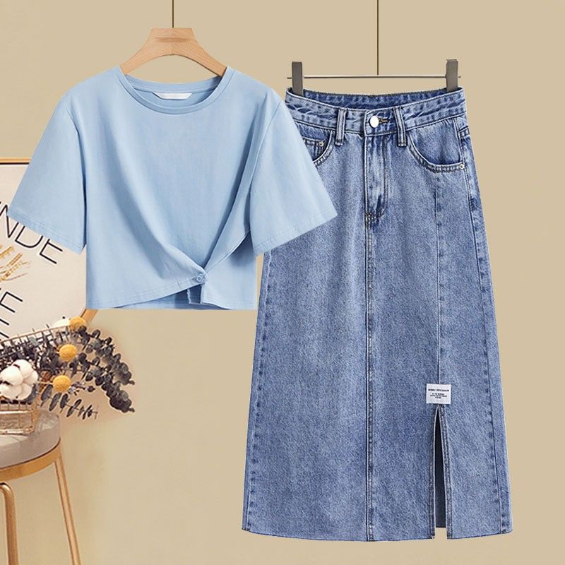 Plus size women's summer suit 2023 new short-sleeved t-shirt cover belly and look thin split denim dress two-piece set