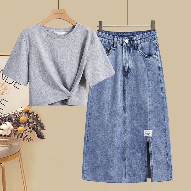 Plus size women's summer suit  new short-sleeved t-shirt cover belly and look thin split denim dress two-piece set