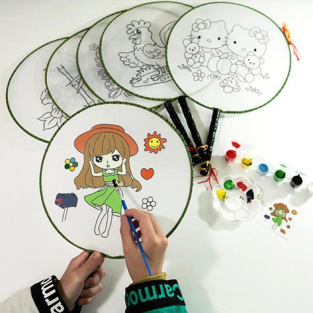 扇子团扇diy材料包儿童创意力智手工绘画空白圆形宫扇圆扇手绘
