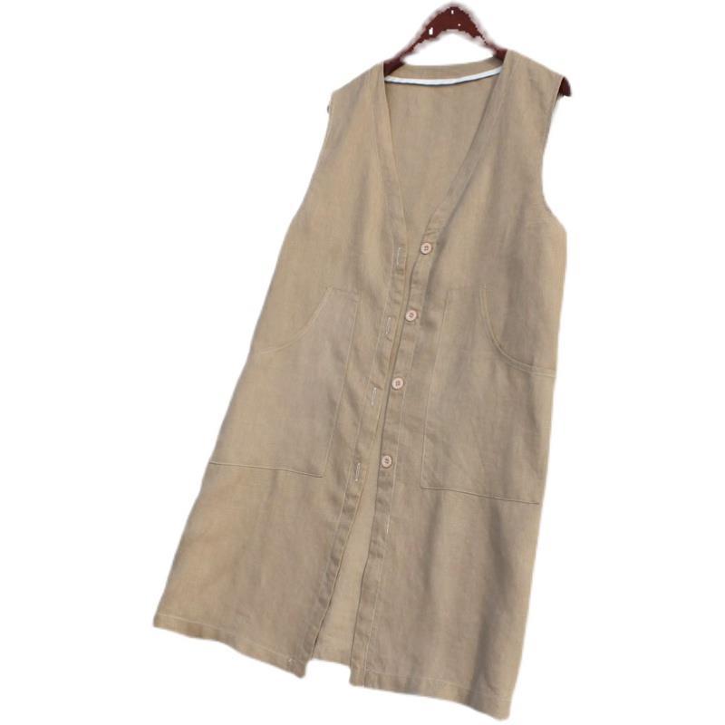 Cotton and linen solid color vest sleeveless deep V-neck buckle belt loose outer wear inner mid-length waistcoat cardigan