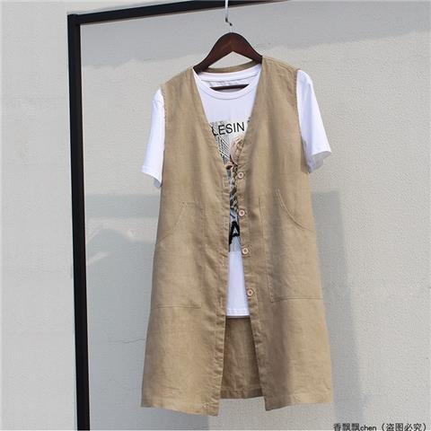 Cotton and linen solid color vest sleeveless deep V-neck buckle belt loose outer wear inner mid-length waistcoat cardigan