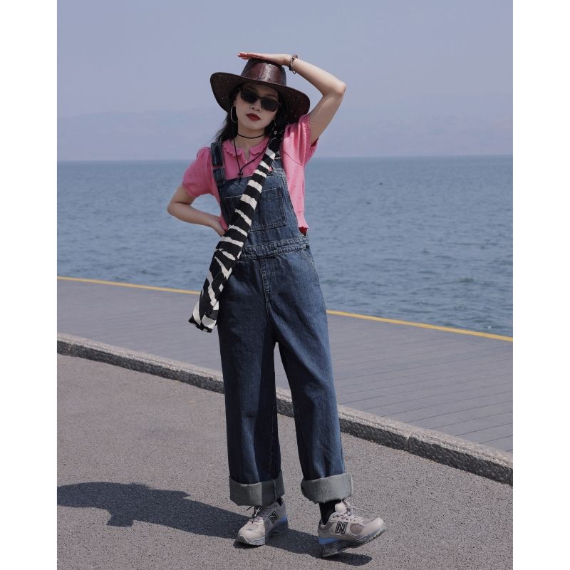 Blue suspenders denim trousers women's summer thin section 2021 new loose all-match small one-piece trousers fashion [dispatched on February 8]