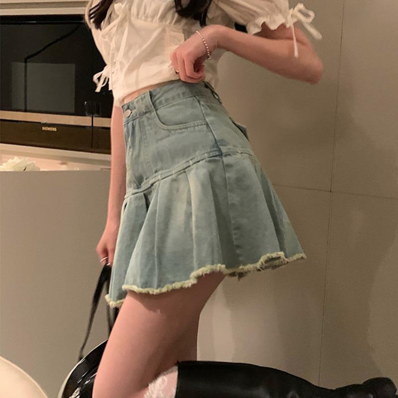 網紅水洗做舊牛仔短裙女復古港味高腰顯瘦毛邊百褶裙a字半身裙夏