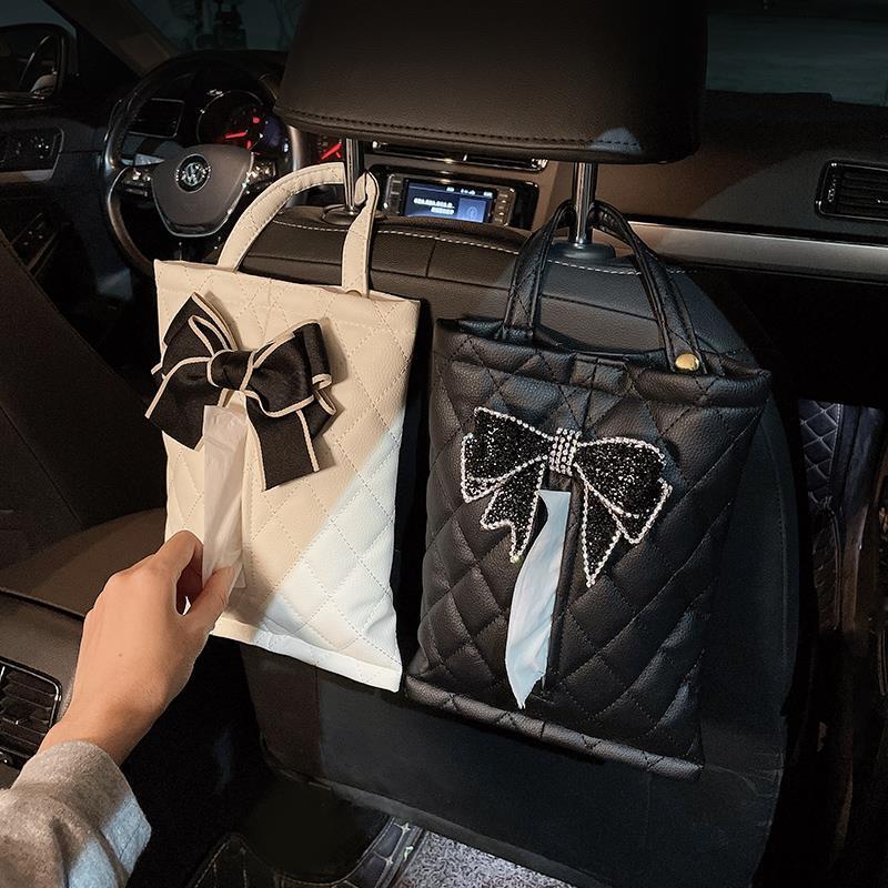 车载纸巾盒创意气质时尚蝴蝶结椅背挂式抽纸盒汽车内用纸巾包装饰