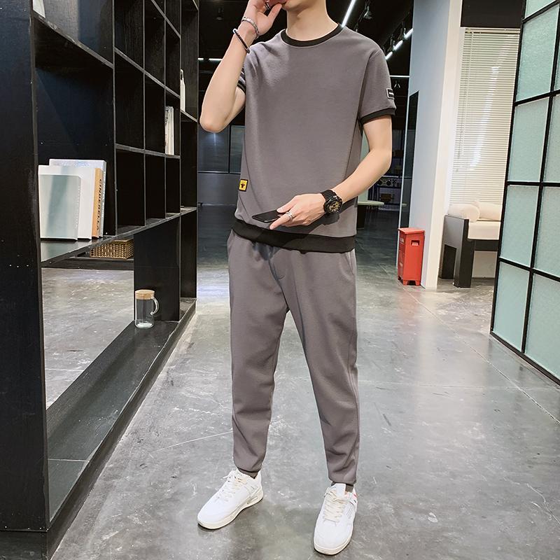 Ice silk suit men's summer short-sleeved nine-point pants two-piece set sweat-absorbent breathable loose large size casual sports suit for men