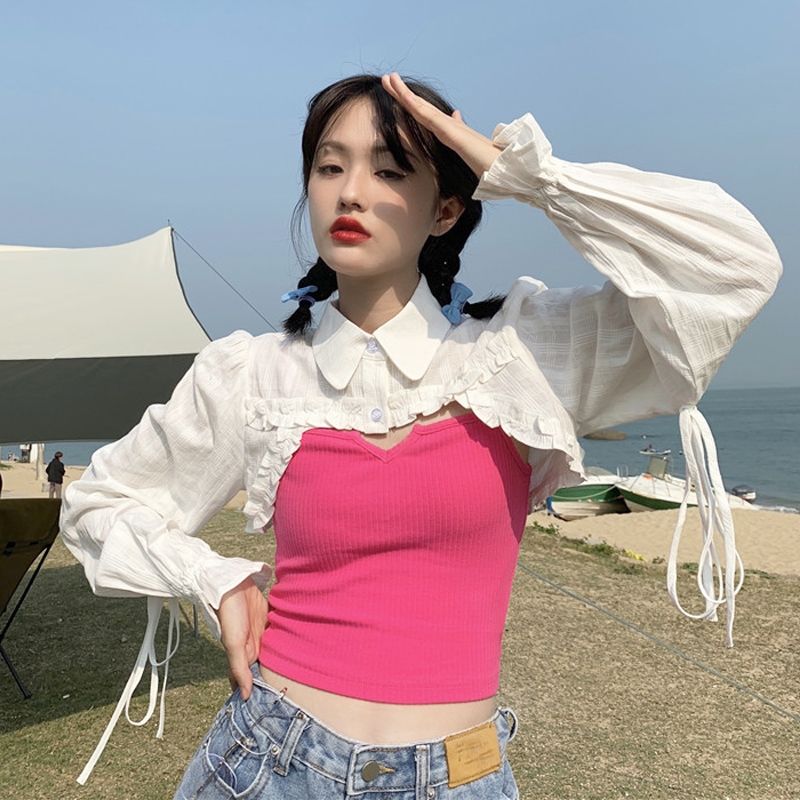 辣妹疊穿短款上衣女設計感小眾防曬罩衫2021新款夏季露臍白色襯衫