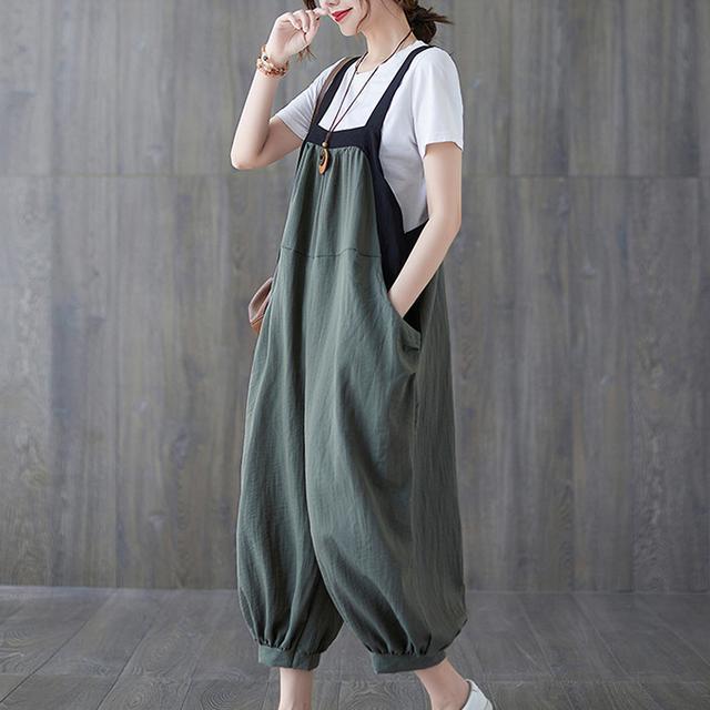 Large summer women's fat mm color contrast stitching banded Harlan suspender pants, foreign style, versatile, thin suspender onepiece pants