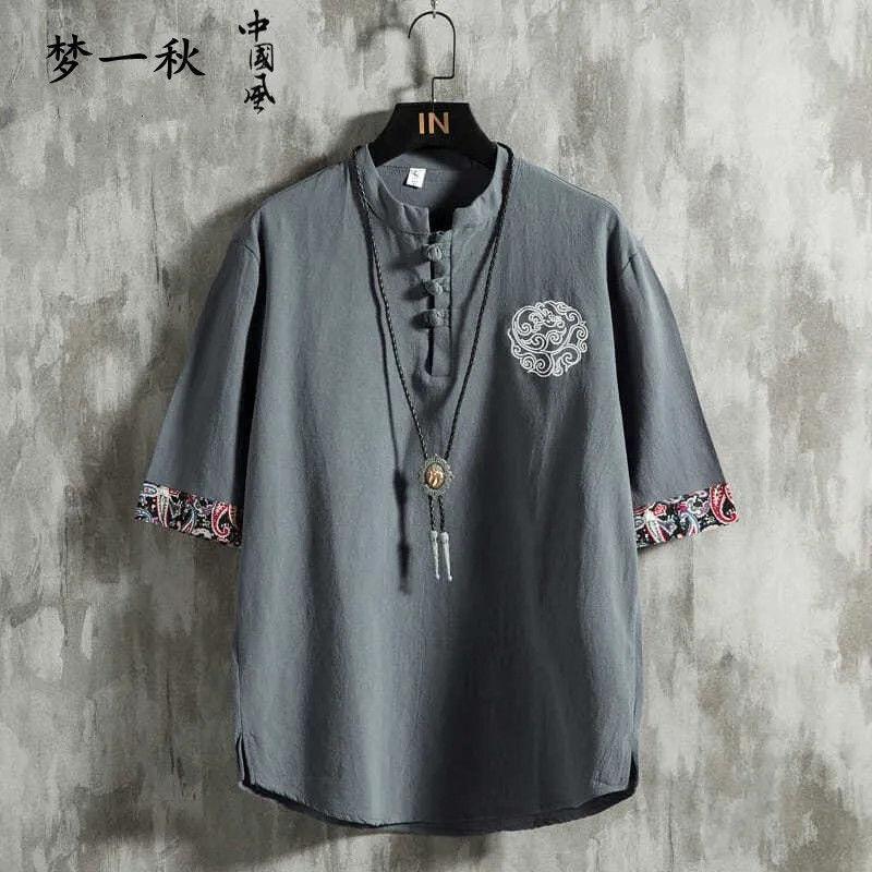 中国风亚麻刺绣男士t恤夏2020年新款潮牌宽松短袖盘扣棉麻上衣服