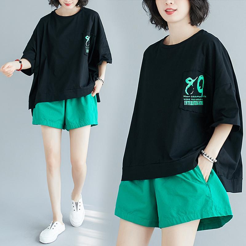 大碼女裝套裝時尚拼色女短袖圓領T恤衫闊腿短褲寬鬆不規則兩件套