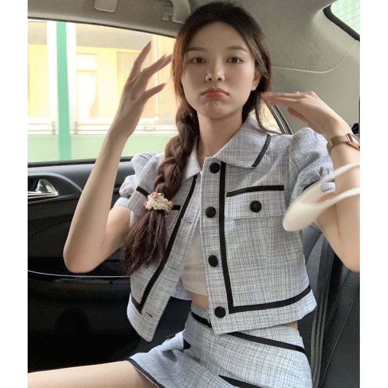 韓風chic2023夏季修身顯瘦氣質短袖襯衣女+百搭辣妹短裙兩件套潮