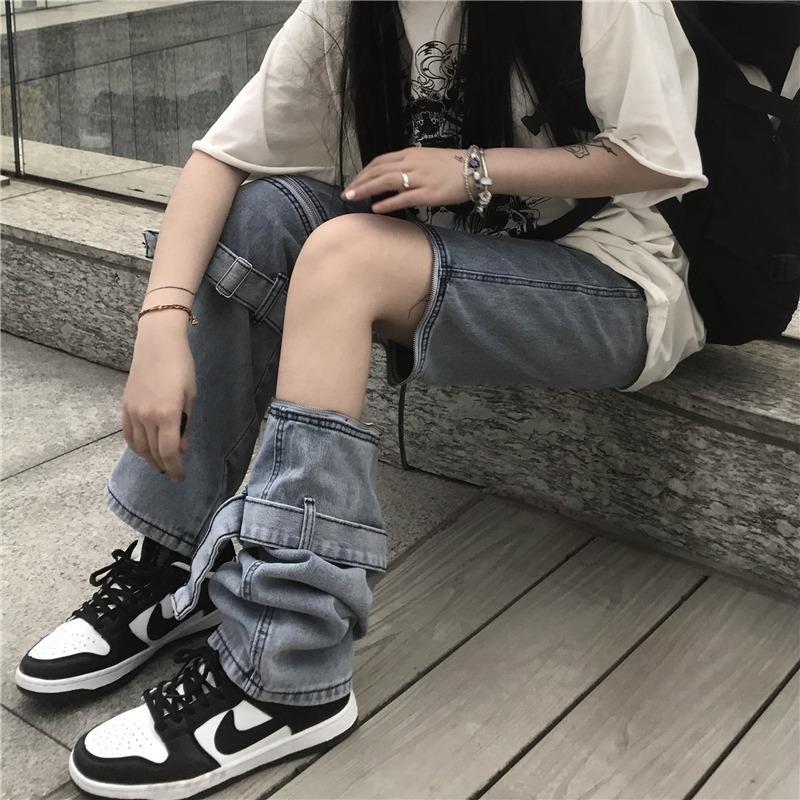 Harajuku American street retro detachable zipper hole high street vibe style daddy jeans female ins tide summer