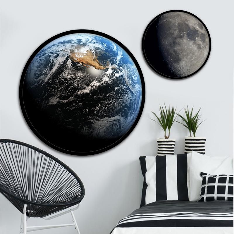 宇宙星空圆形装饰画创意地球月球挂画客厅卧室背景墙壁画现代简约
